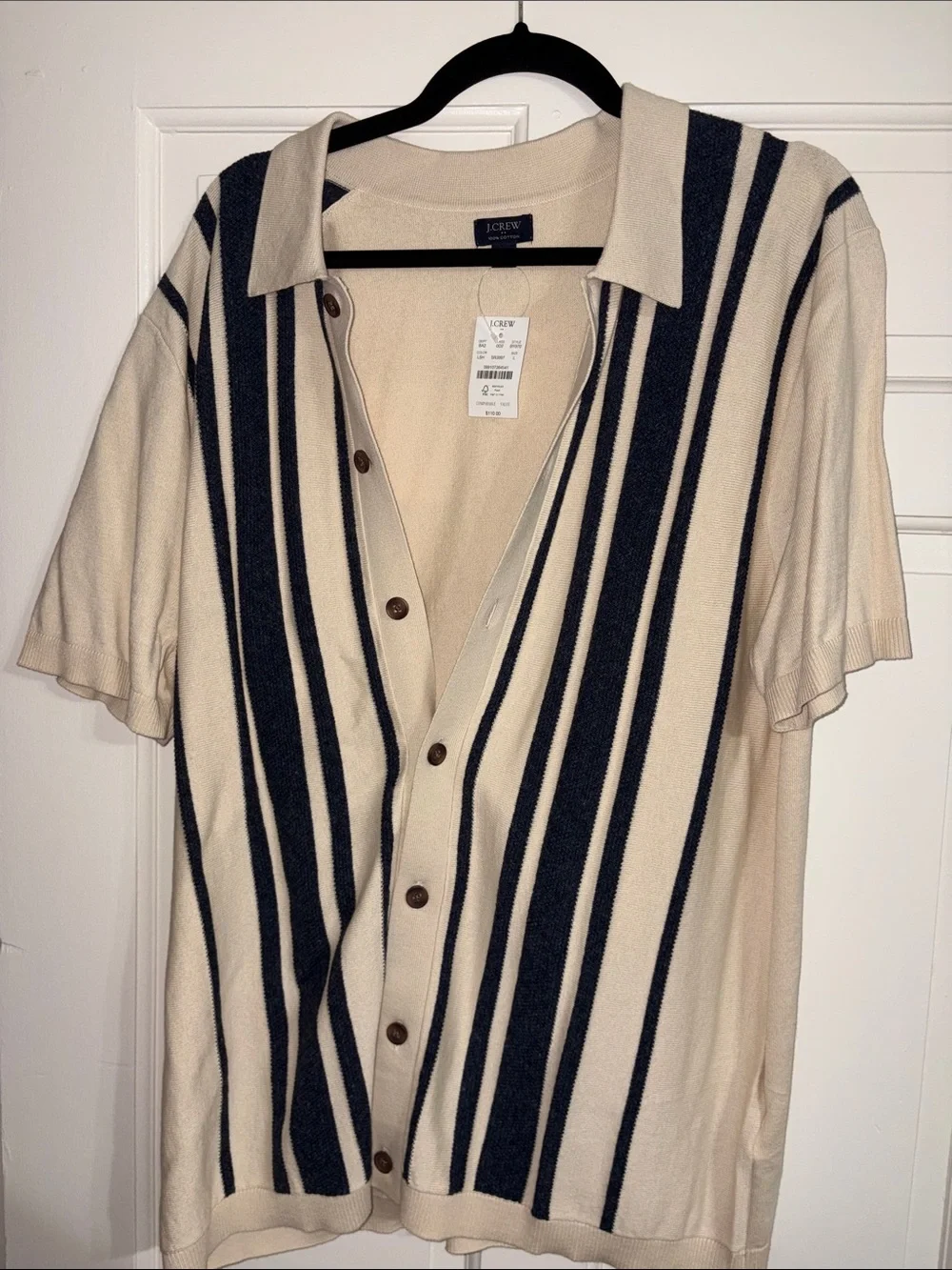 J. Crew Cream Short-Sleeve Polo Cardigan with Navy Vertical Stripes
